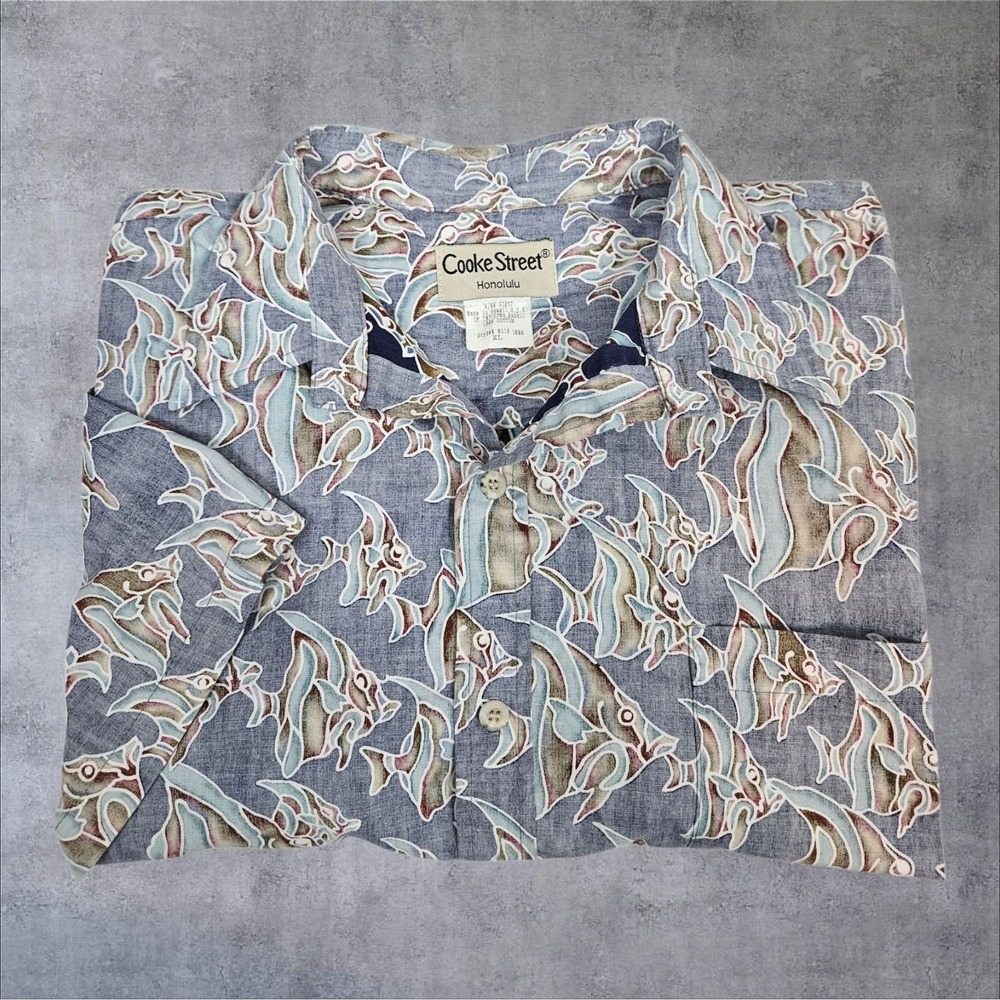 Vintage Cooke Street Light Blue Angel Fish Hawaiian Shirt Size XL Resortwear E4